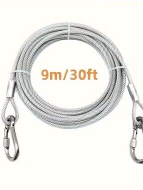 30ft (9m) Heavy Duty Steel Wire Rope Cable with Snap Hooks | Multi-Purpose Tie-O